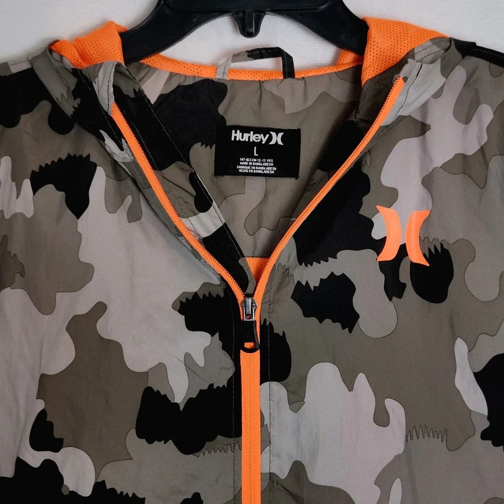 Hurley Full Zip Lightweight Hooded Windbreaker Jacket Boys Large Camo Orange‎